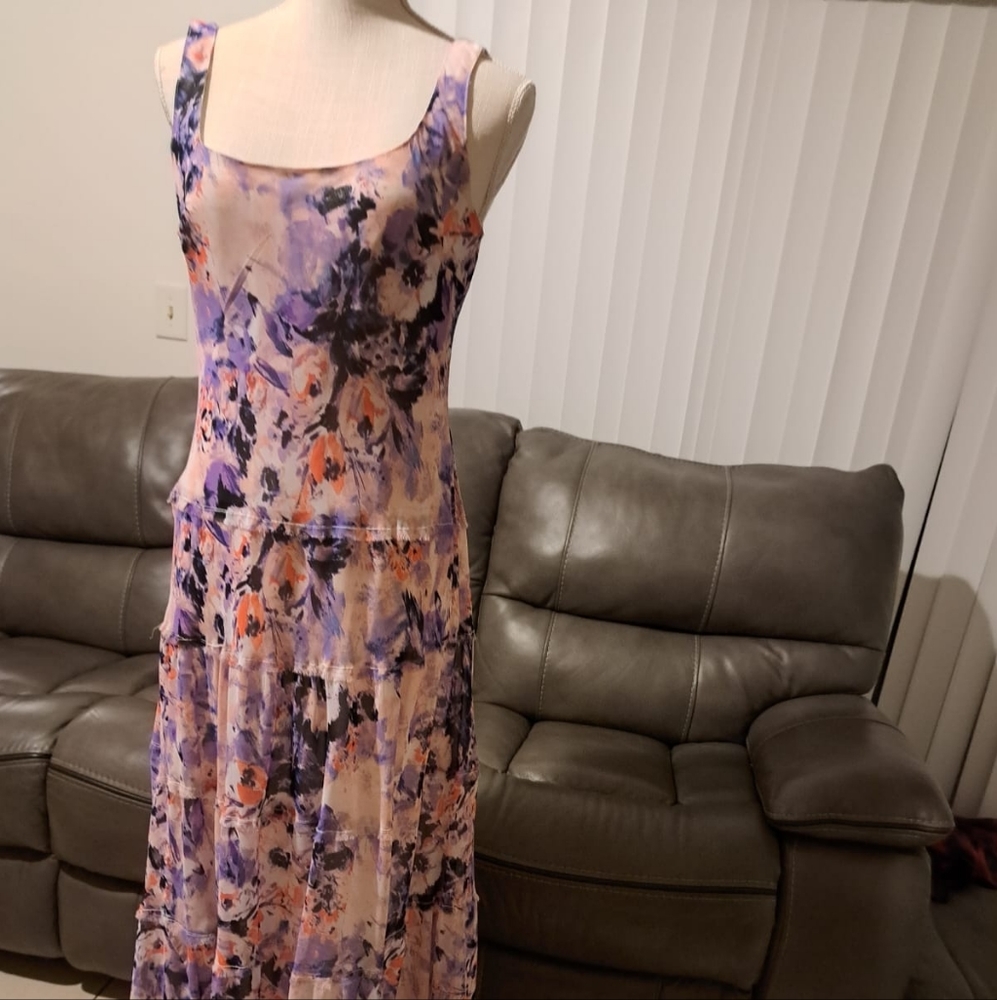 Nine West Floral Print Purple Tiered Maxi Dress